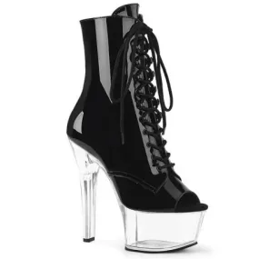 Chaussure pole dance bout ouvert noire vernie à plateforme plexi transparente