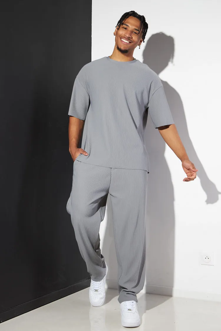 Ensemble 2 pièces t-shirt long + pantalon gris foncé côtelé