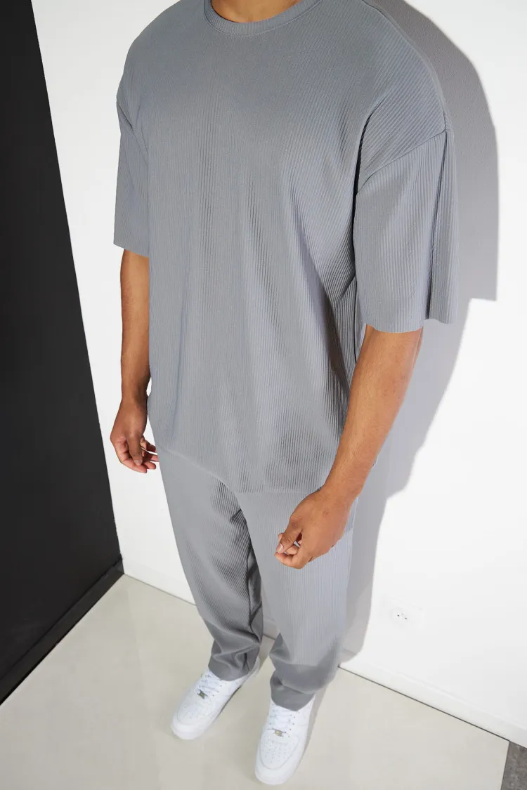 Ensemble 2 pièces t-shirt long + pantalon gris foncé côtelé