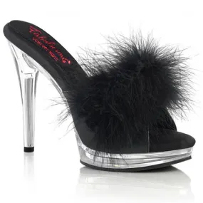 Mule sexy d'intérieur à haut talon transparent et plumes noires 