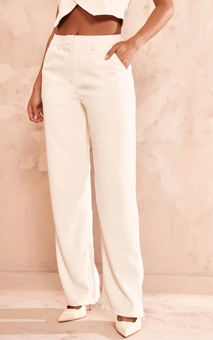 Pantalon de tailleur droit crème deluxe texturé à détail coutures