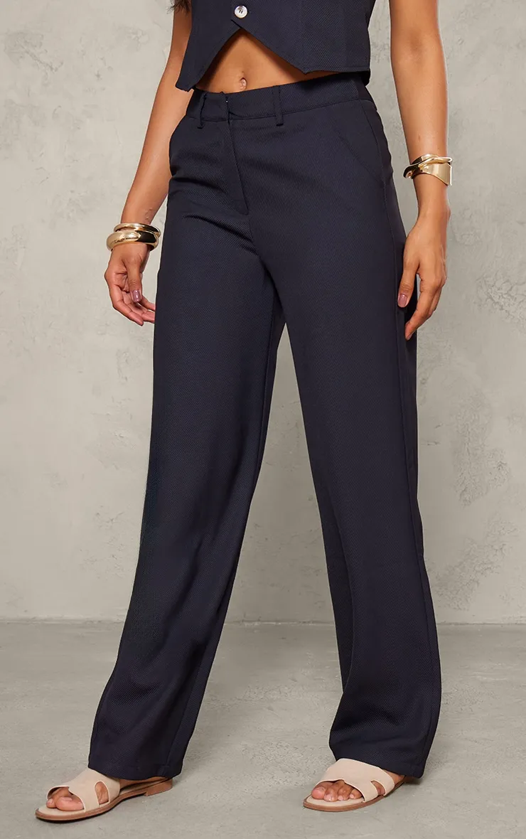 Pantalon de tailleur droit noir texturé deluxe à détail coutures