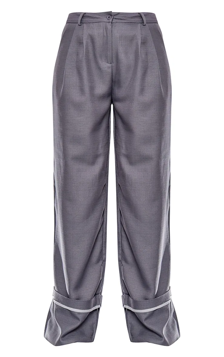 Pantalon de tailleur large gris anthracite tissé plissé à ourlet retroussé