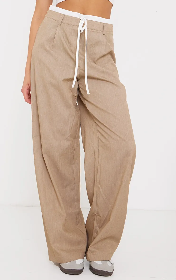 Pantalon de tailleur tissé avoine chiné à double bande sur la taille