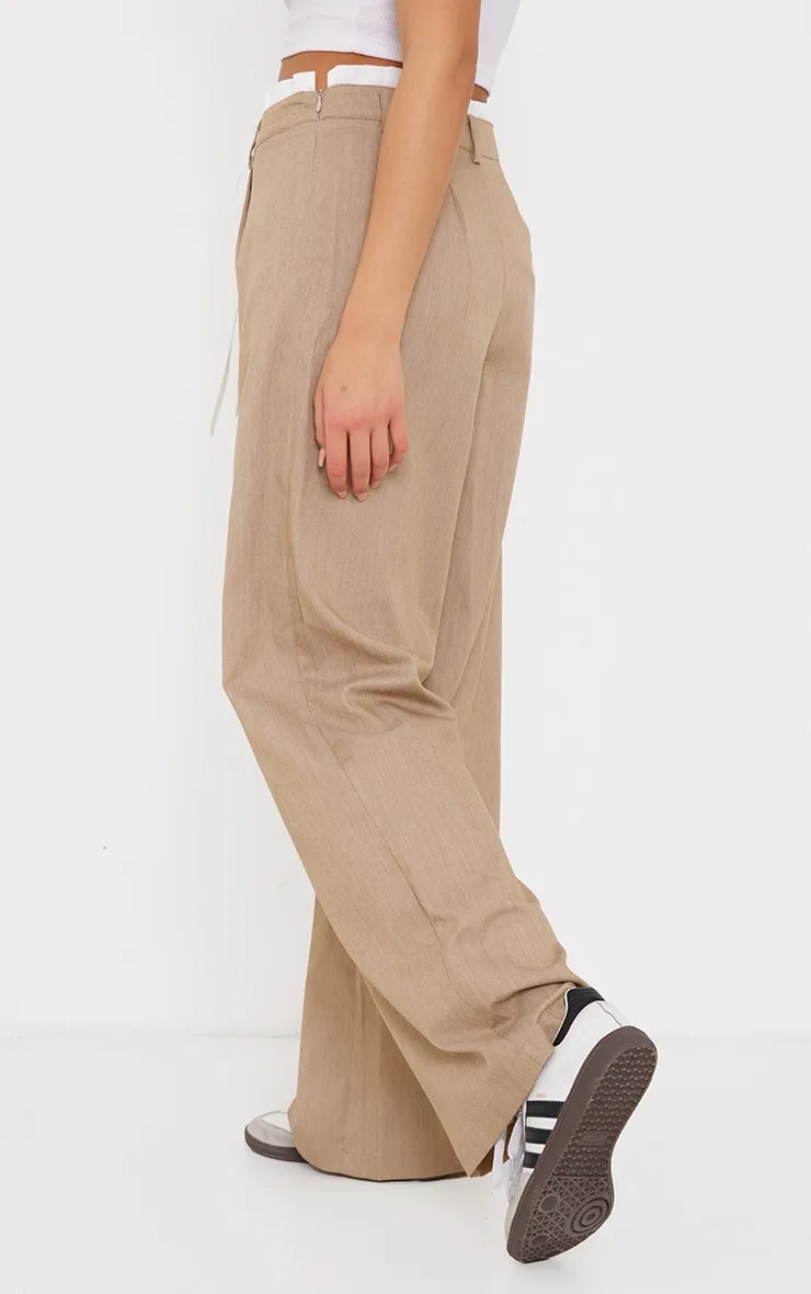 Pantalon de tailleur tissé avoine chiné à double bande sur la taille