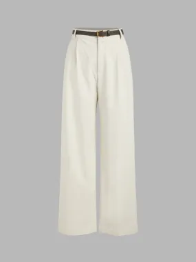 Pantalon large en lin mélangé taille mi-haute uni avec ceinture pour petite