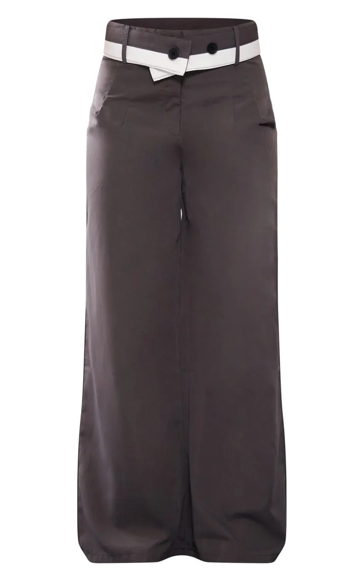 Petite Pantalon de tailleur large gris anthracite contrastant à taille repliée