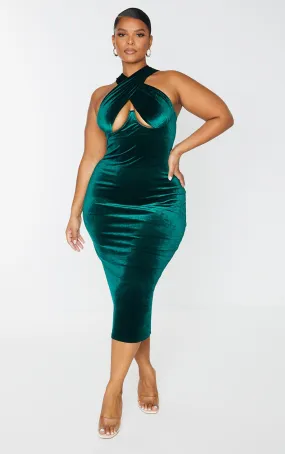 Plus Robe mi-longue en velours vert émeraude croisée devant à armatures