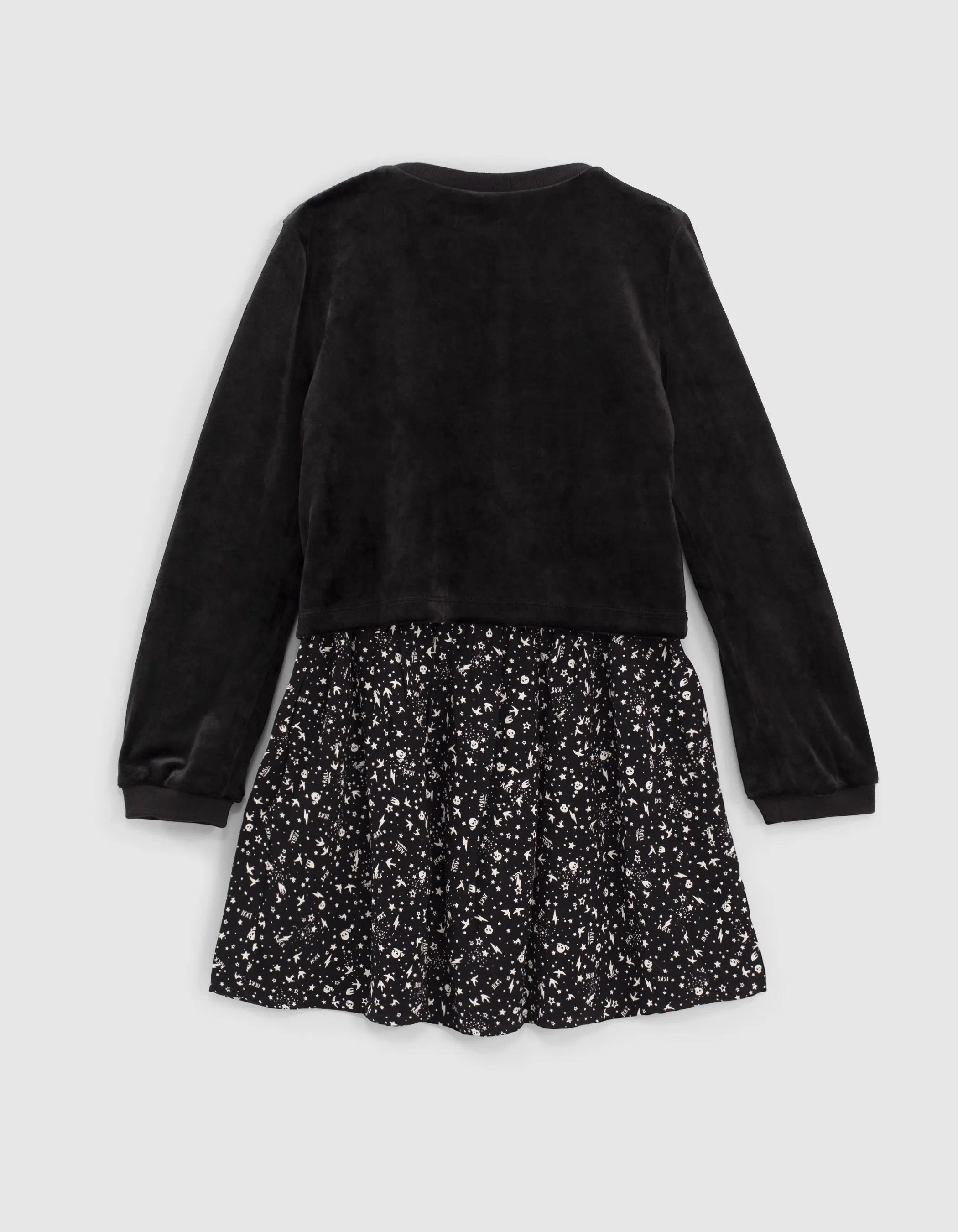 Robe 2 en 1 noire imprimé rock et sweat velours fille