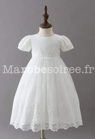 Robe baptême traditionnelle manches courtes avec bonnet  réf: EF9775 en Coton, Dentelle