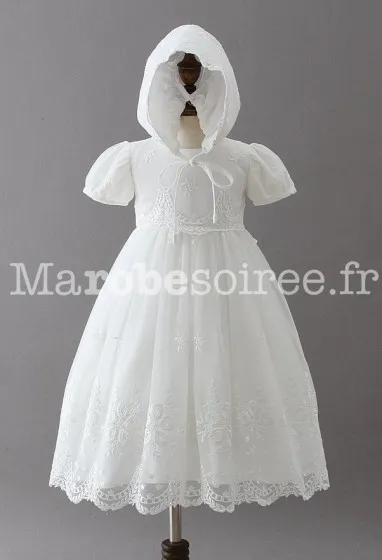 Robe baptême traditionnelle manches courtes avec bonnet  réf: EF9775 en Coton, Dentelle