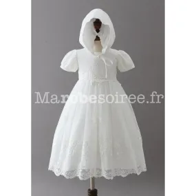 Robe baptême traditionnelle manches courtes avec bonnet  réf: EF9775 en Coton, Dentelle