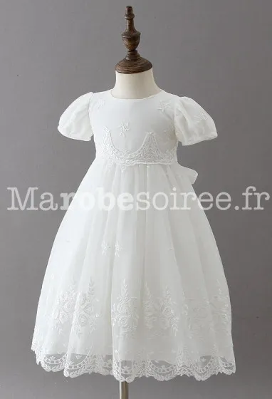 Robe baptême traditionnelle manches courtes avec bonnet  réf: EF9775 en Coton, Dentelle