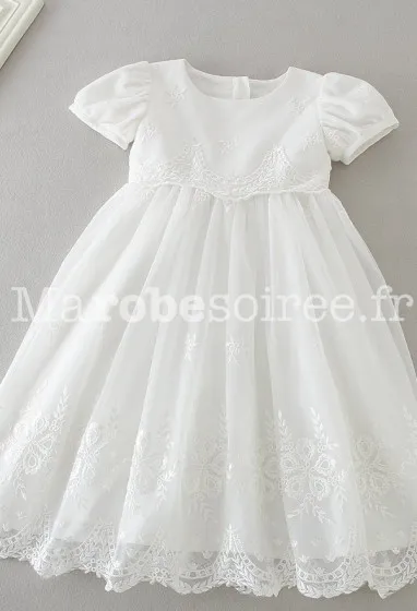 Robe baptême traditionnelle manches courtes avec bonnet  réf: EF9775 en Coton, Dentelle