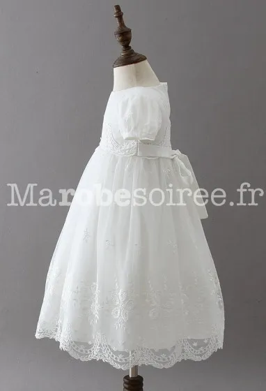 Robe baptême traditionnelle manches courtes avec bonnet  réf: EF9775 en Coton, Dentelle