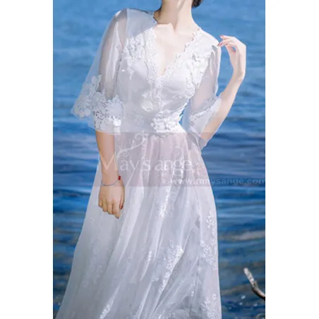 Robe Bohème Mariage Blanche En Dentelle Avec Manches Longues