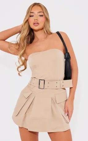 Robe bustier de tailleur tissée camel à détail poches et ceinture