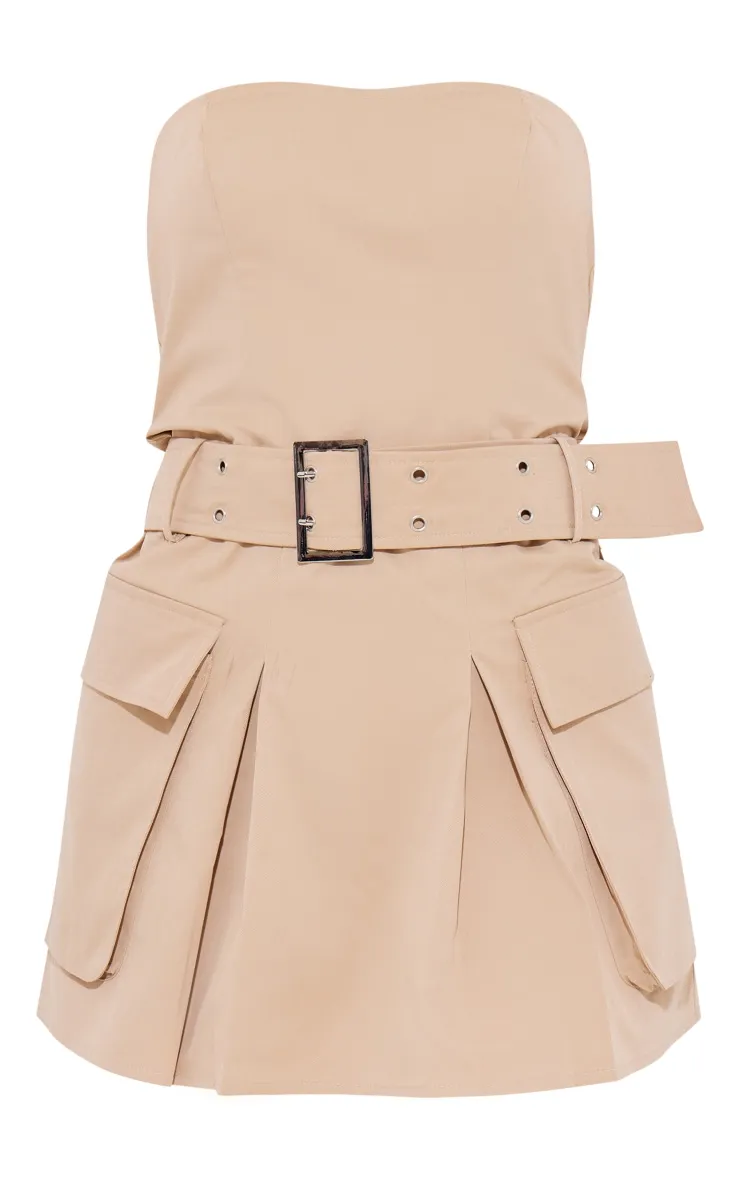 Robe bustier de tailleur tissée camel à détail poches et ceinture