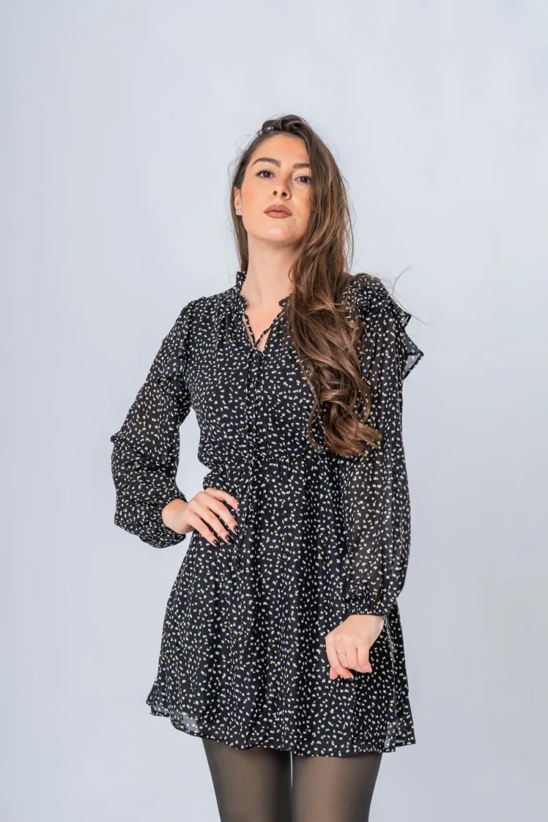 Robe courte à volants et imprimés noir