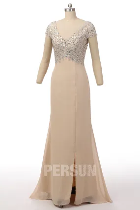 Robe longue champagne fendue ornée de strass avec manches courtes