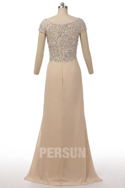 Robe longue champagne fendue ornée de strass avec manches courtes