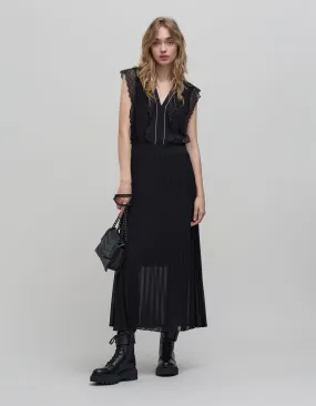 Robe longue noire plissée volants dentelle Femme