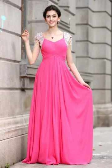 Robe longue plissée avec manches en sequin scintillant fuchsia pour mariage