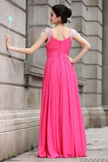 Robe longue plissée avec manches en sequin scintillant fuchsia pour mariage