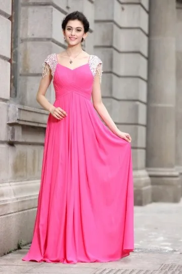 Robe longue plissée avec manches en sequin scintillant fuchsia pour mariage