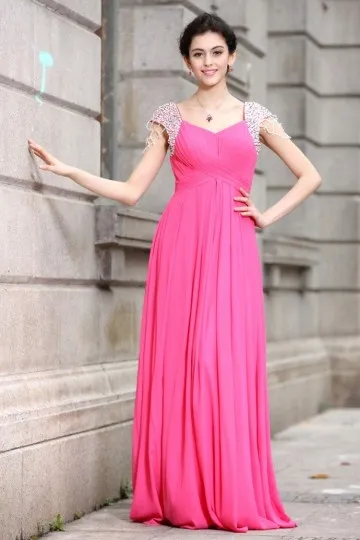 Robe longue plissée avec manches en sequin scintillant fuchsia pour mariage