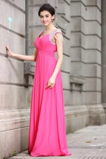 Robe longue plissée avec manches en sequin scintillant fuchsia pour mariage