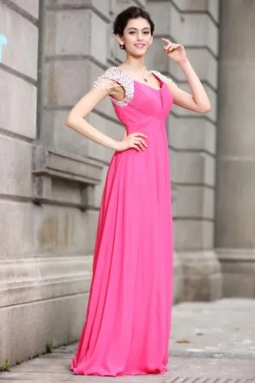 Robe longue plissée avec manches en sequin scintillant fuchsia pour mariage