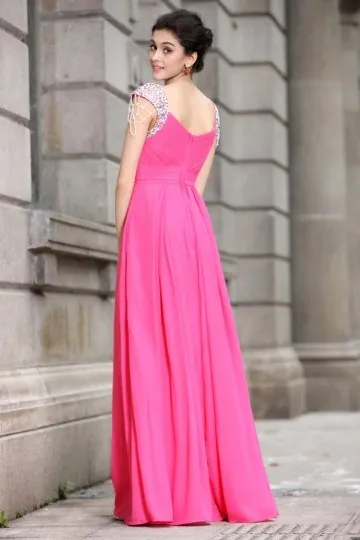 Robe longue plissée avec manches en sequin scintillant fuchsia pour mariage