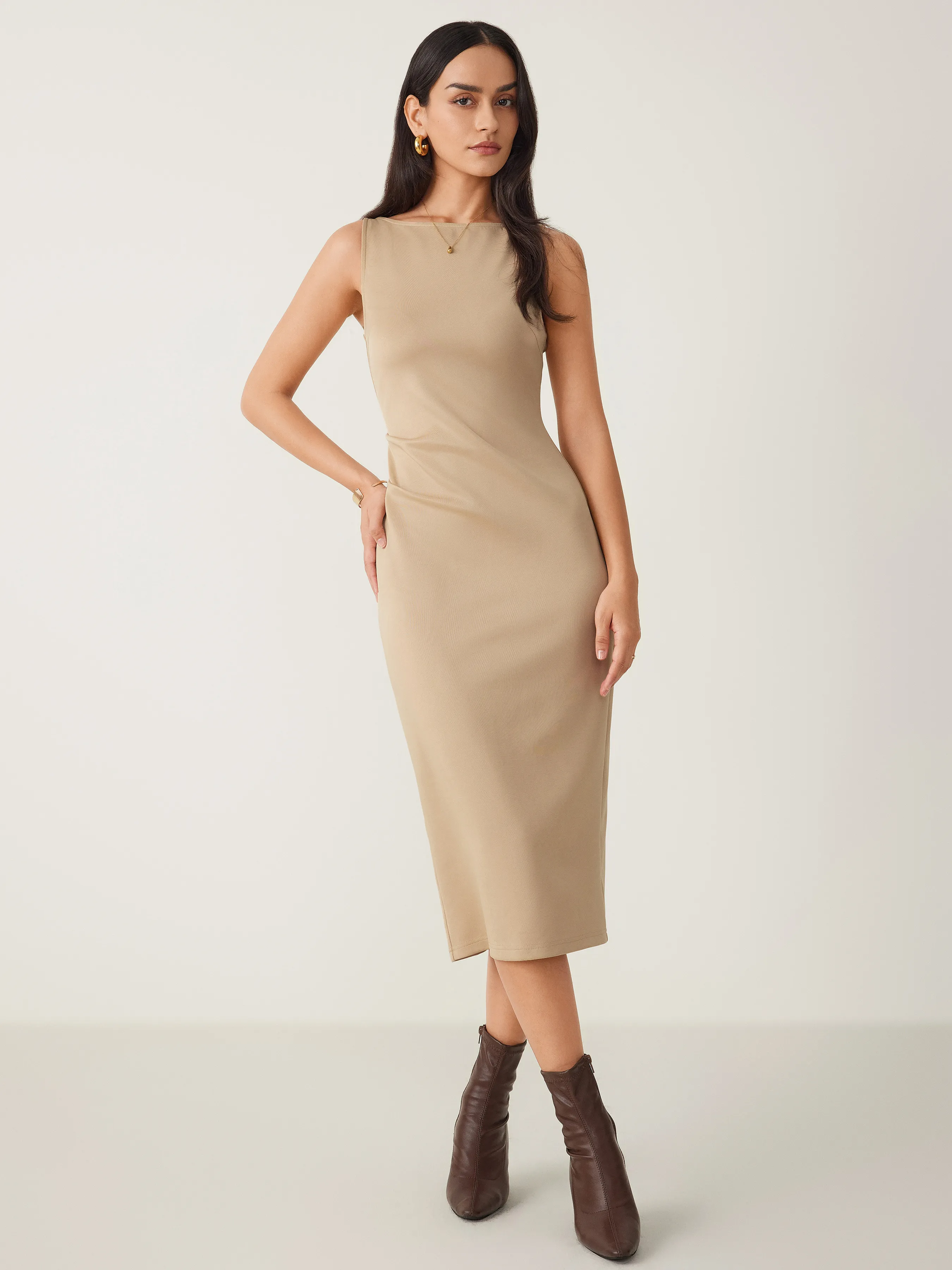  Robe Midi Sans Manches en Jersey Solide avec Fermeture Éclair