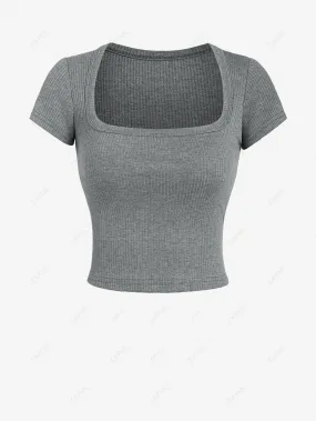 T-shirt Court Côtelé à Manches Courtes à Col Carré Pour Femme - Gris M