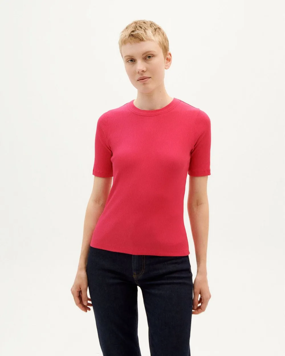 T-shirt côtelé rose fuchsia en coton bio - fucsia dakota top femme