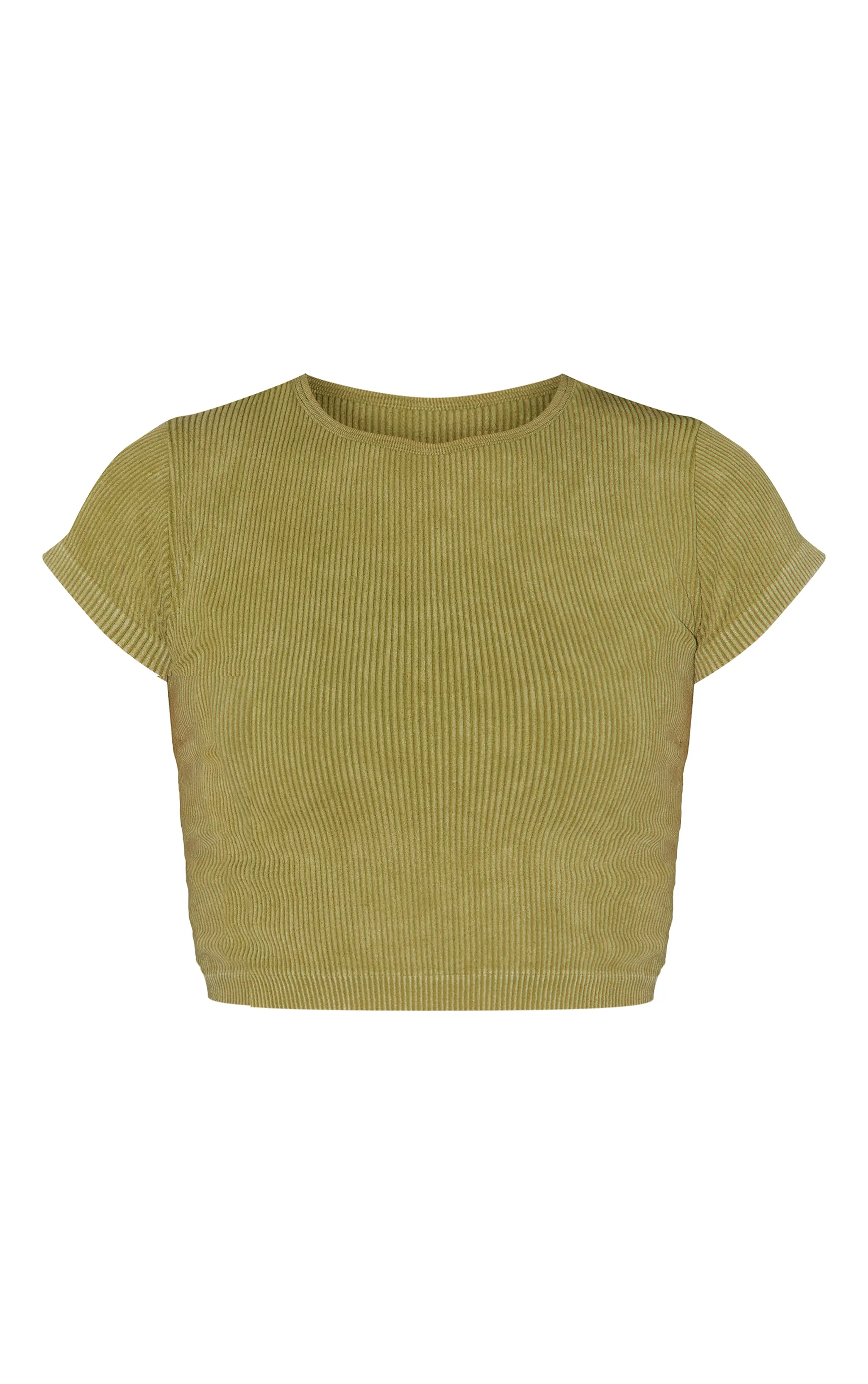 T-shirt vert olive délavé côtelé à manches courtes et détails contours