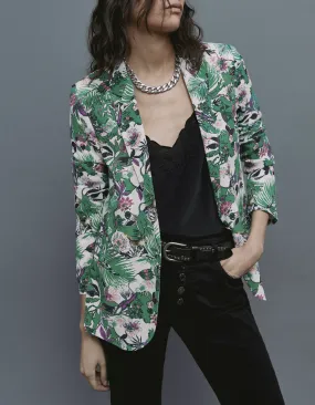 Veste de tailleur verte imprimé végétal Femme